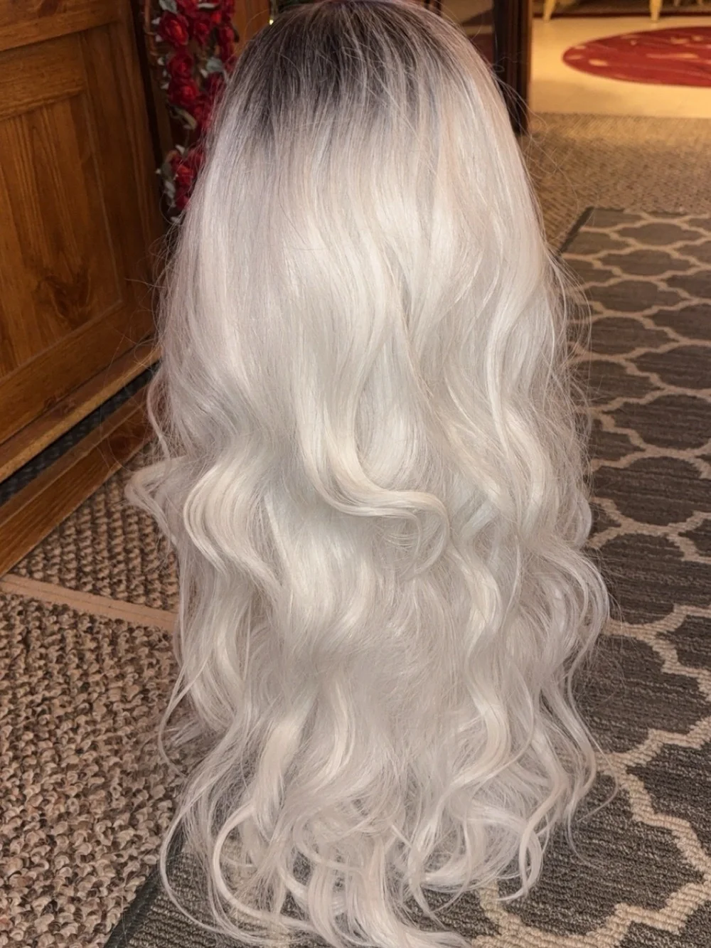 Long Wavy Ombre Women’s Wig with Bangs - Ash Blonde to Silver